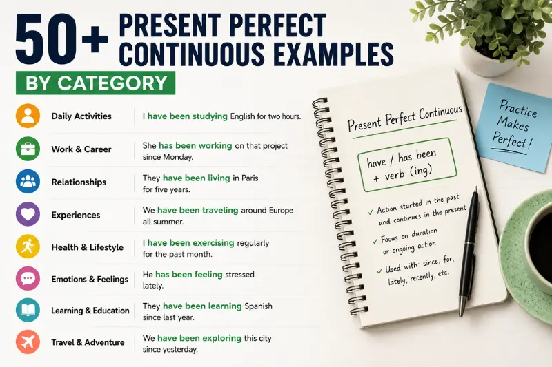 50 present perfect continuous examples by category