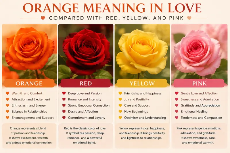 orange meaning in love compared With red yellow and pink